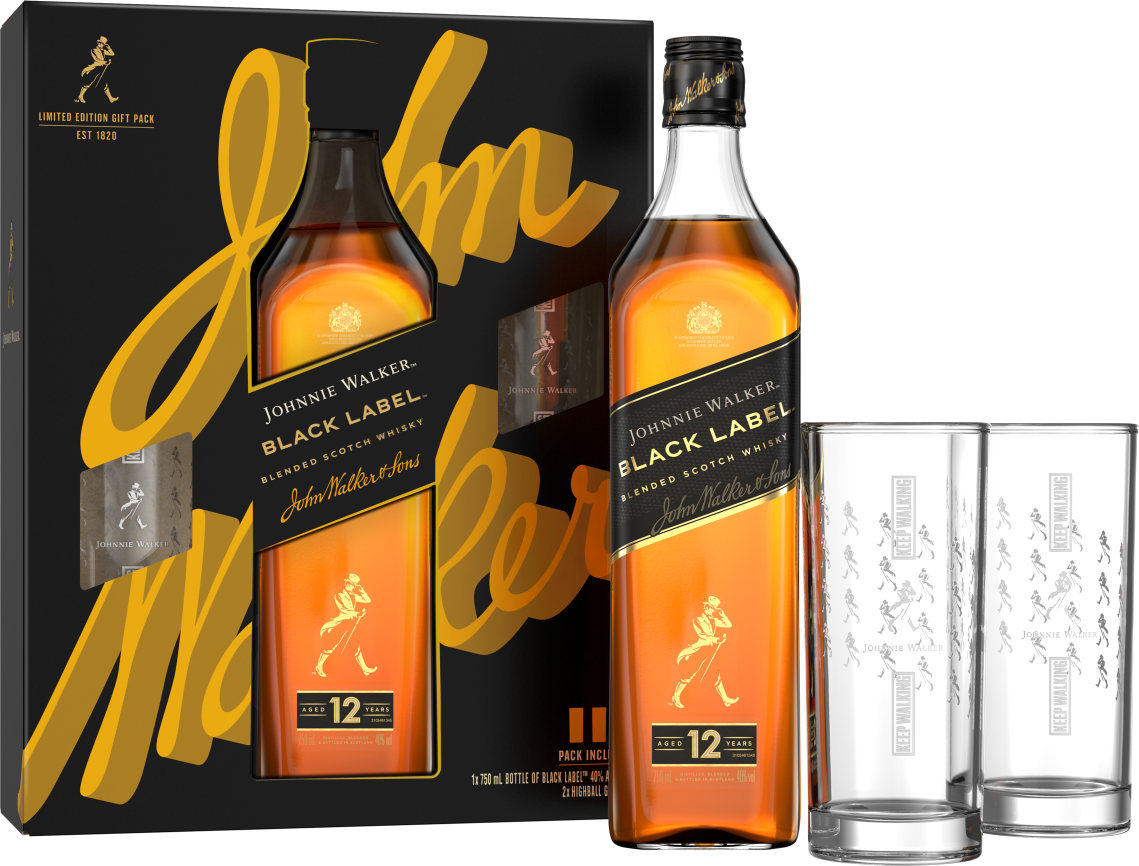 Johnnie Walker 12 Year Black Label Gift Set with 2 Glasses