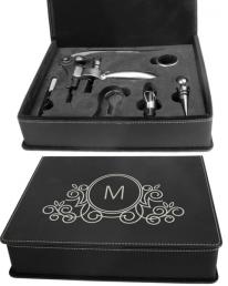 Engraved Black/Silver Leatherette Corkscrew Set with 4 tools