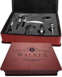 Engraved Garnet Leatherette Corkscrew Set with 4 tools